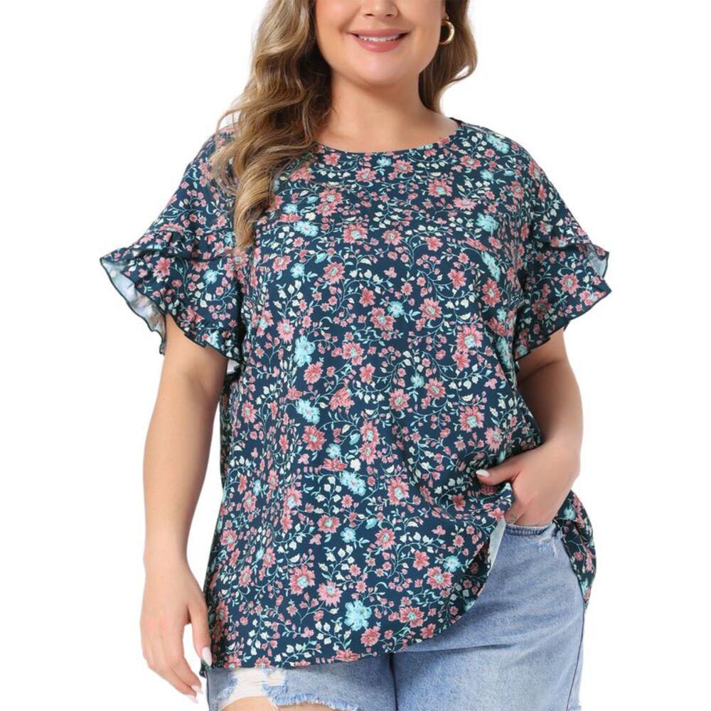 Women Plus Size Tulip Sleeve Crew Neck Floral Tops Navy Blue